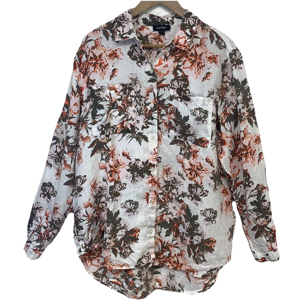 Lord & Taylor Linen Floral Print Button Up Blouse Woman XL Vacation Work Office